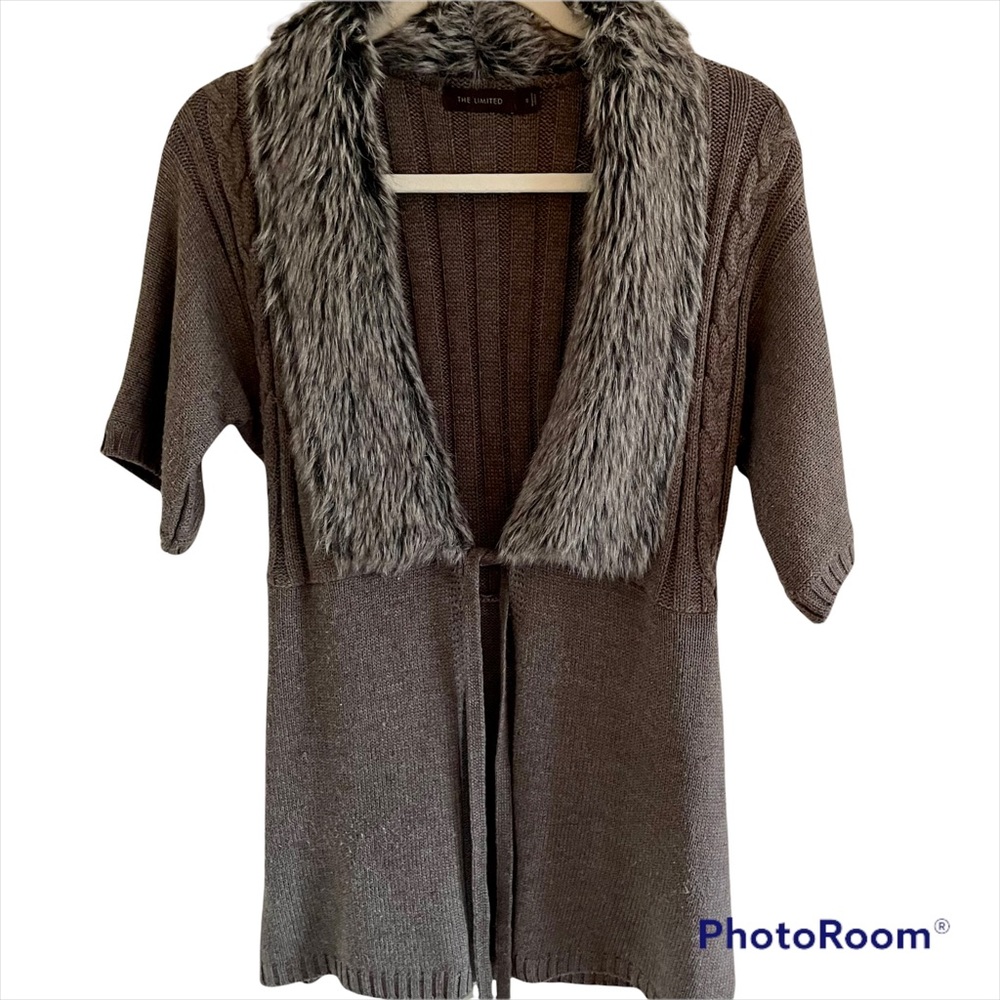 The Limited Mocha Brown Wool‎ Blend Faux Fur Collar Tie Front Sweater S